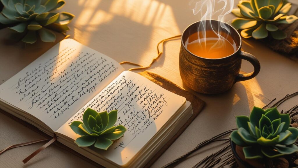 Cozy workspace with journal and tea representing mindful slow productivity habits