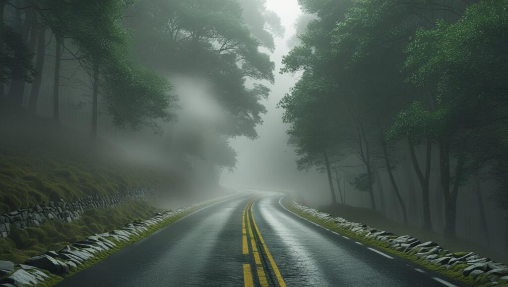 Winding forest road representing the personal journey to rebuild your life after feeling stuck or lost.