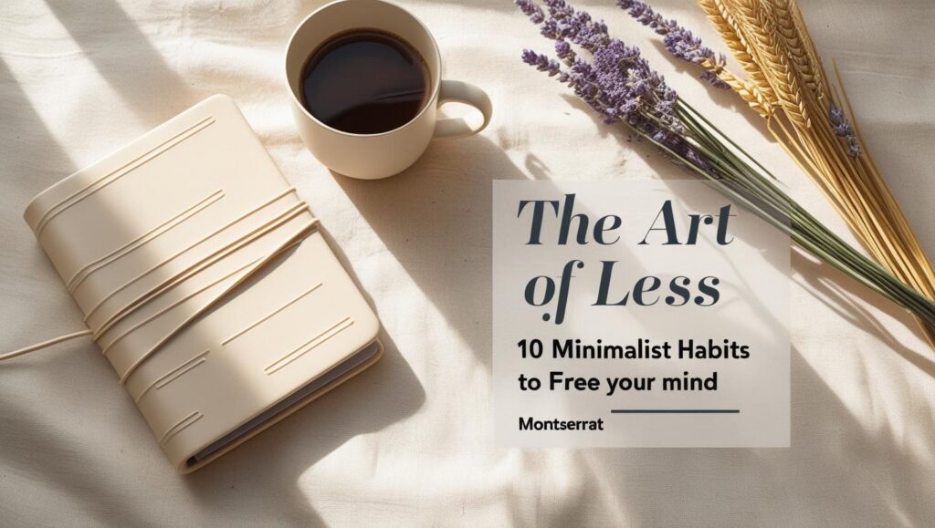 Minimalist workspace thumbnail with notebook and coffee, featuring text “The Art of Less: 10 Minimalist Habits to Free Your Mind”