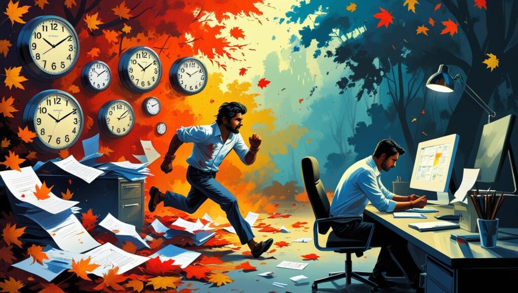 Contrasting busy and calm workspaces illustrating why rushing doesn’t always lead to better results