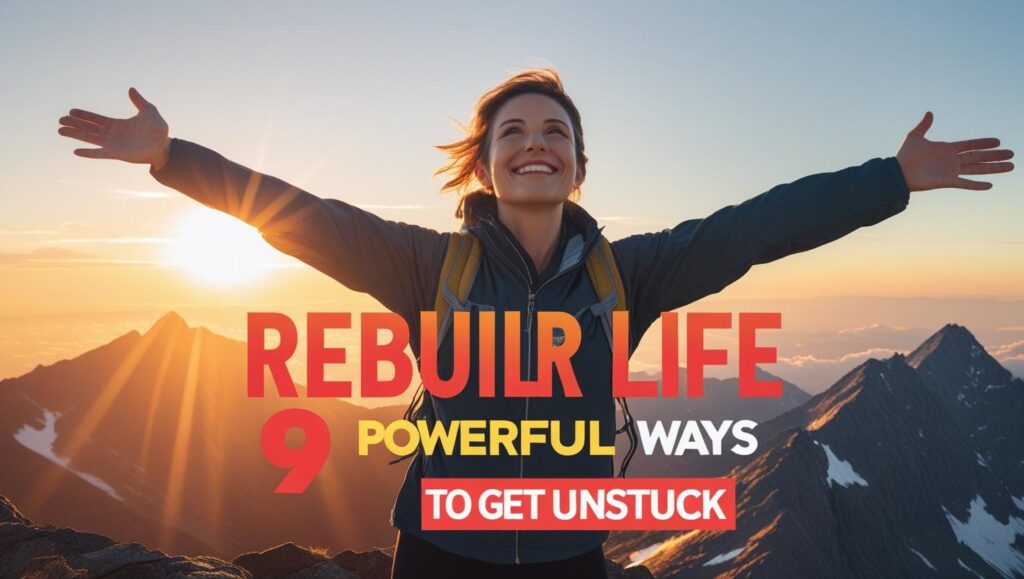 Person on a mountaintop at sunrise symbolizing a new beginning after feeling stuck and ready to rebuild life.