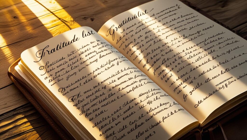 Gratitude list in a journal as part of a micro-journaling routine