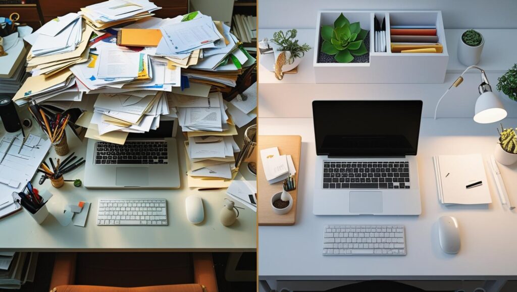 Minimalist habits decluttered workspace before and after