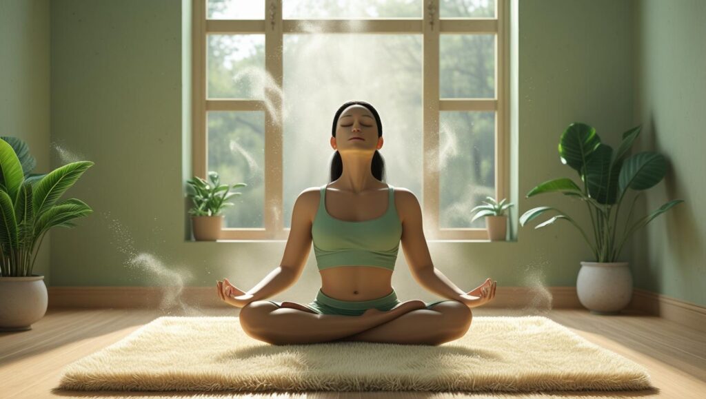 Person practicing deep breathing in a quiet room, experiencing the power of silence to reduce stress and anxiety.