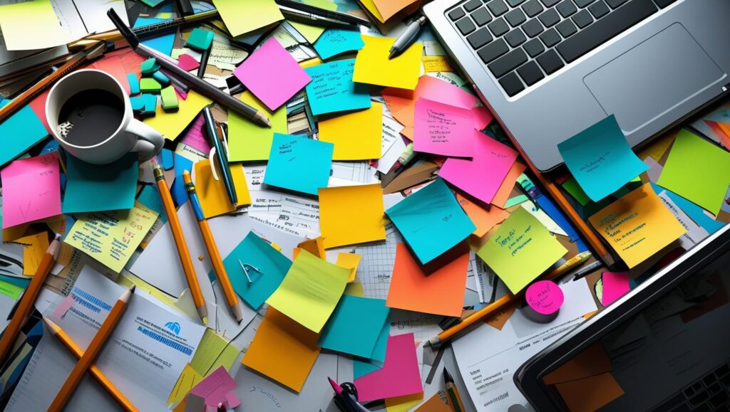 Cluttered workspace representing lack of time blocking and overwhelm.