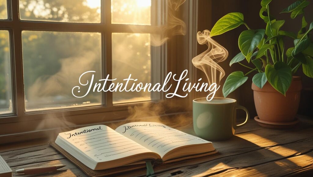 A calming workspace with journal and plant, illustrating intentional living.