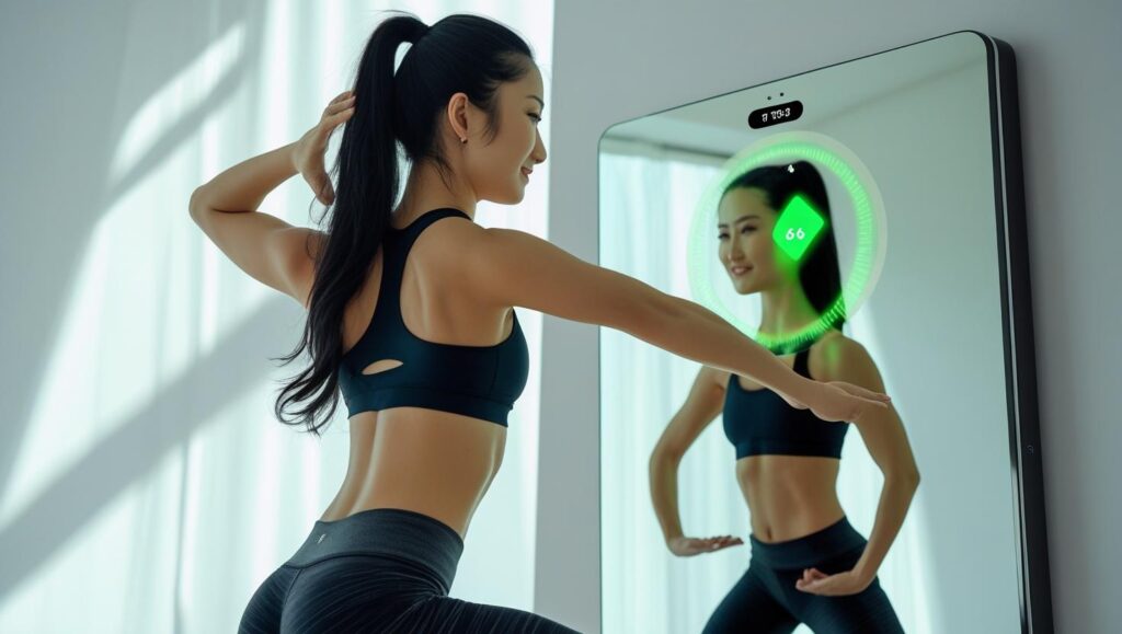 Person using smart mirror for guided home workout and health tracking.