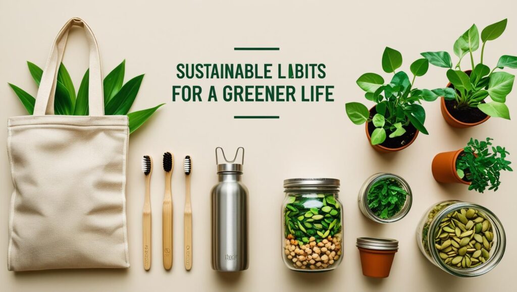 Thumbnail image for sustainable living blog showing eco-friendly products like reusable bags, bamboo toothbrushes, and glass jars.