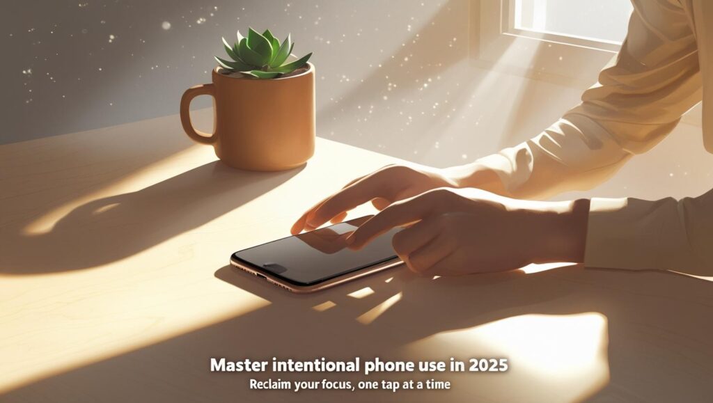 Featured image showing intentional phone use in a minimalist setting — phone face down on a desk with calming surroundings.