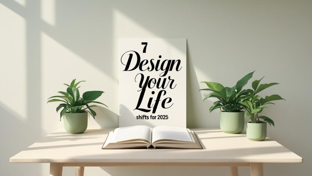Minimalist flat lay of notebook and coffee on a clean desk, with bold text saying “7 Smart Lifestyle Design Tips That Will Change How You Live
