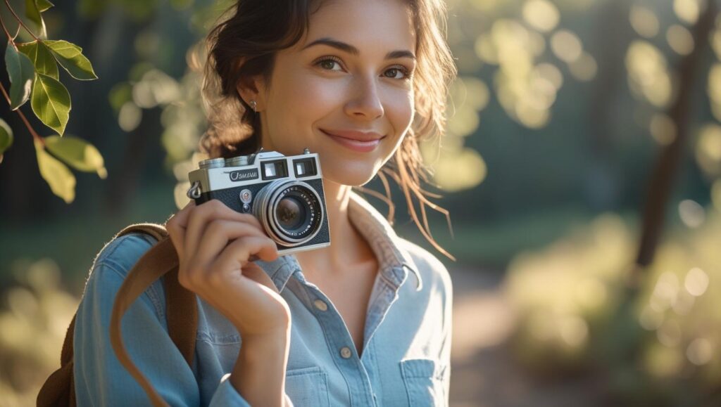A woman walking outdoors with a camera, embracing intentional living through reconnecting with nature and creativity.