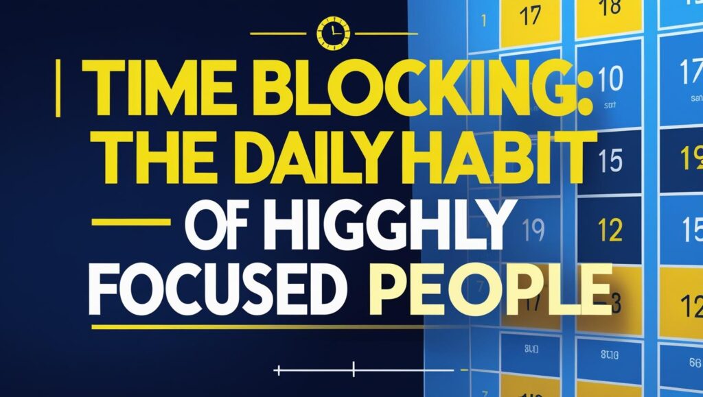 Bold blog thumbnail featuring the title “Time Blocking: The Daily Habit of Highly Focused People” over a background of a digital planner with colorful time blocks.