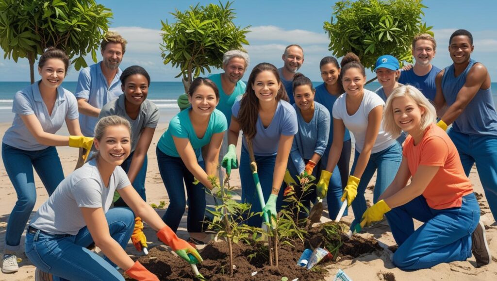Community embracing sustainable living for a greener future.