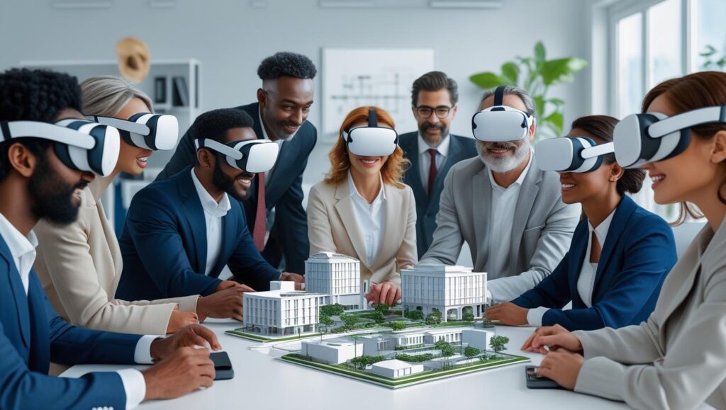 Remote team collaborating in a virtual reality meeting space.