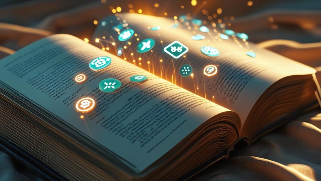 Open book with light rays and tech icons, symbolizing knowledge and future intelligence.