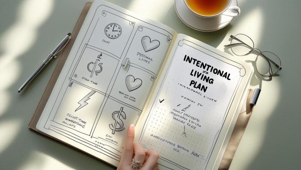 A bullet journal titled “Intentional Living Plan” showing a values-based blueprint for time, money, and energy alignment.