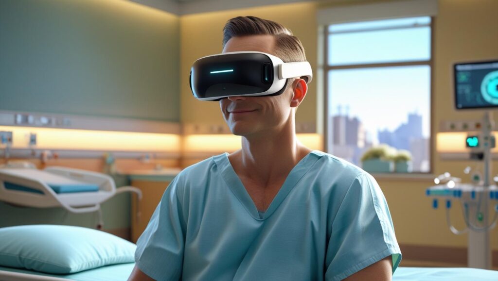 Patient receiving virtual reality therapy for pain management in a healthcare setting.