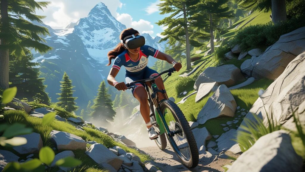 Individual engaged in virtual reality fitness workout outdoors.