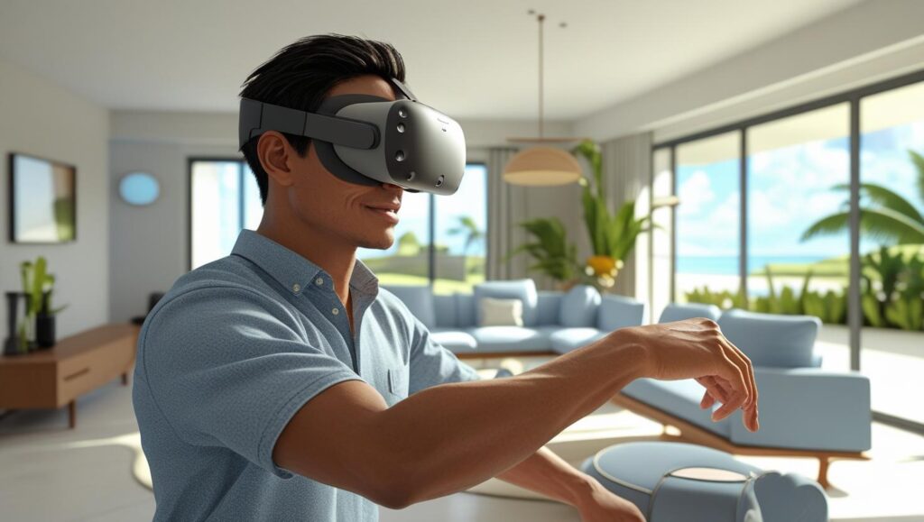 Homeowner designing their living room using virtual reality technology.