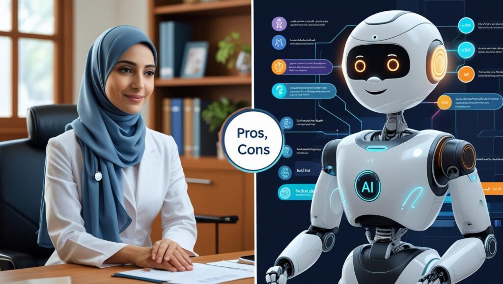Side-by-side of AI coach and human therapist showing differences