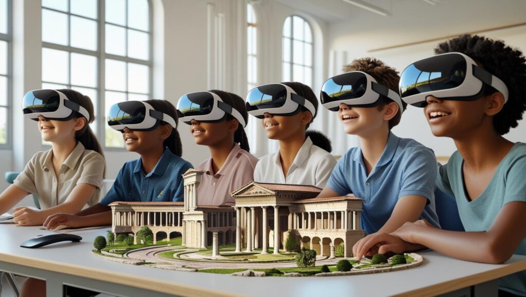 Students learning with virtual reality headsets in an interactive classroom setting.