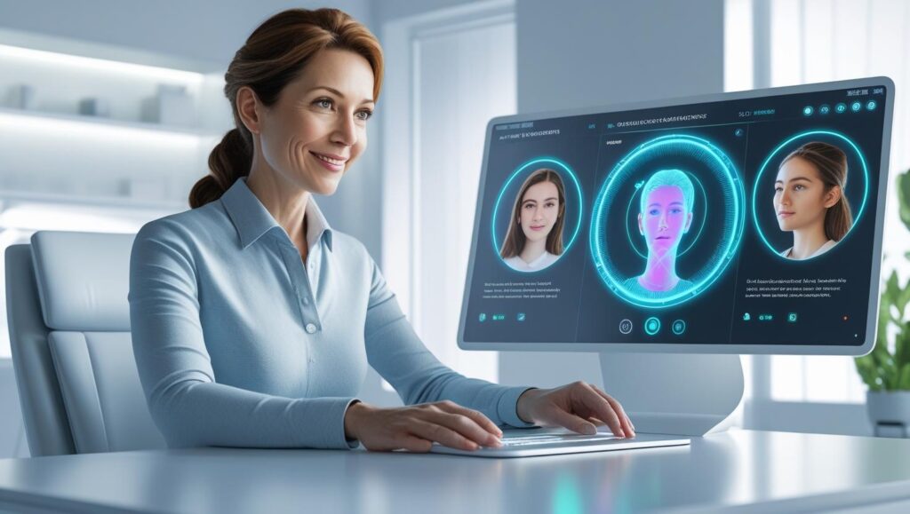 Therapist using a virtual dashboard with AI insights, patient on video call, high-tech interface with emotion tracking, futuristic and clean design