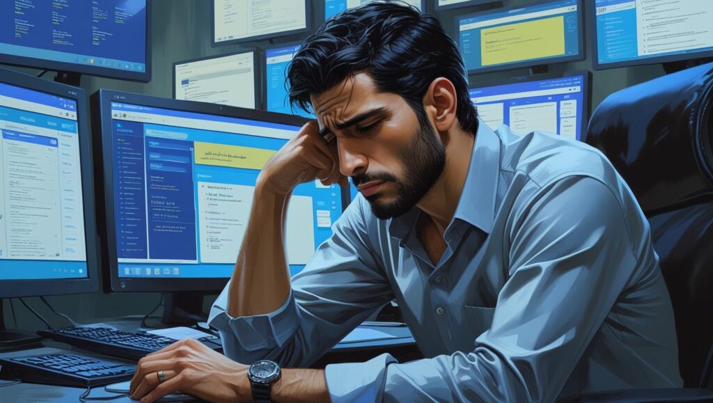 Person overwhelmed and exhausted while multitasking, illustrating burnout without being busy