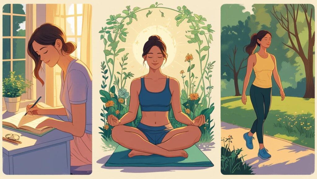 Person practicing self-care activities like journaling, meditation, and walking to prevent burnout without being busy