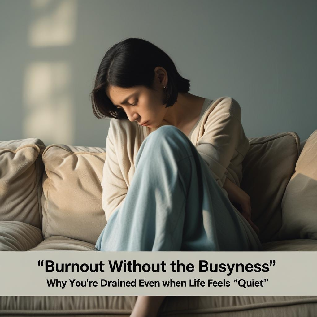 Stressed woman sitting alone in a quiet room, representing burnout without being busy
