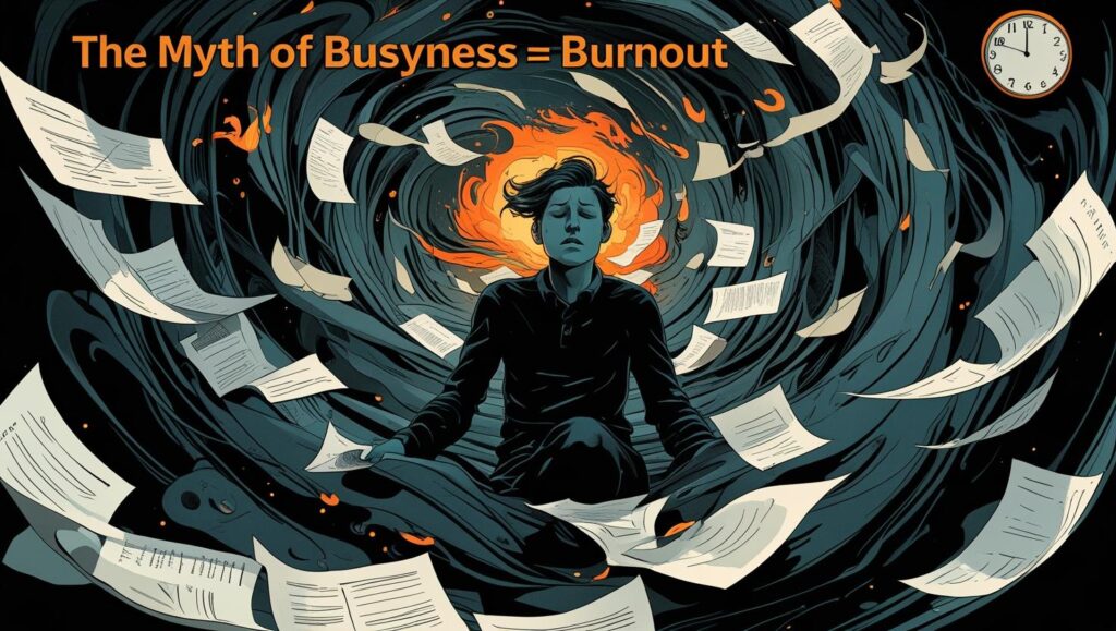 image showing a busy person multitasking and a quiet, drained person, debunking the myth that only busyness leads to burnout