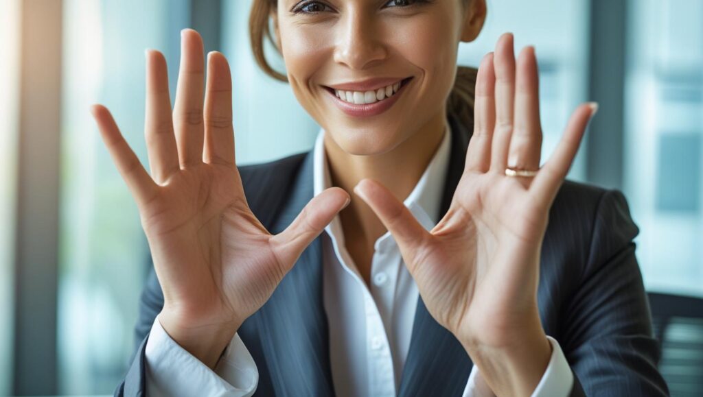 Confident woman smiling and gesturing ‘no’ kindly in a meeting.