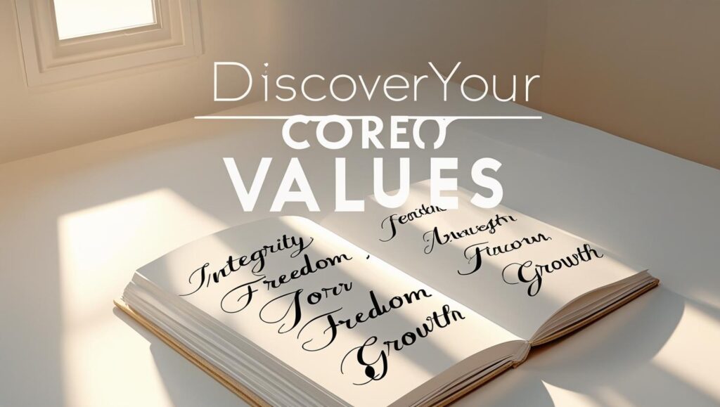 Journal with handwritten values and title text Discover Your Core Values – minimalist focus theme.