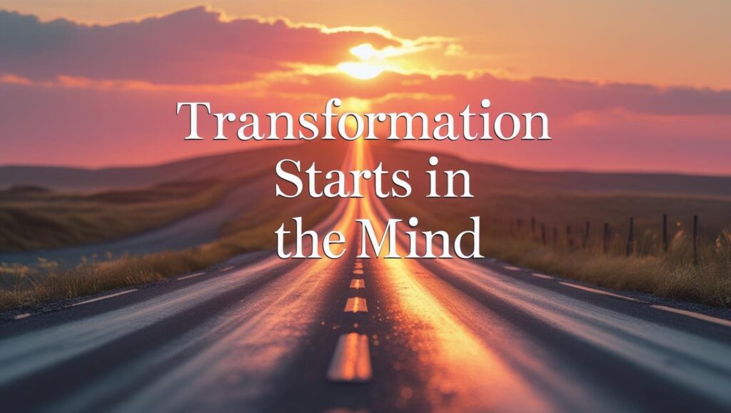 Motivational image with path and sunrise symbolizing mindset shifts for personal transformation.