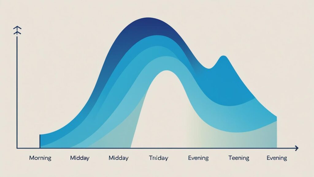 Energy curve chart showing peak and dip in productivity