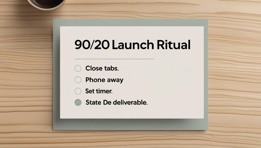 Launch ritual checklist for the 90 20 rule for deep work.