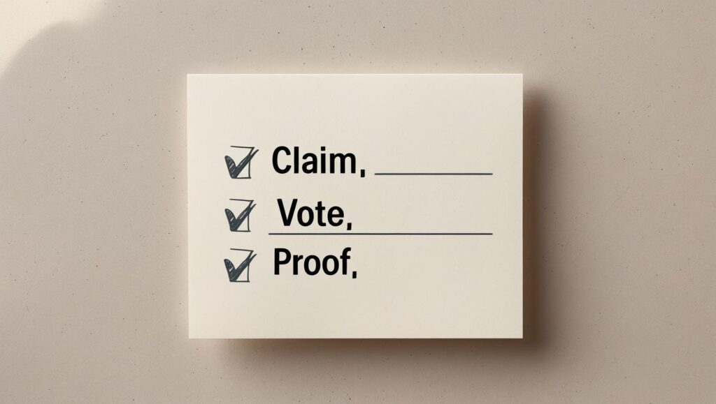 Index card visual of identity based motivation techniques: Claim, Vote, Proof