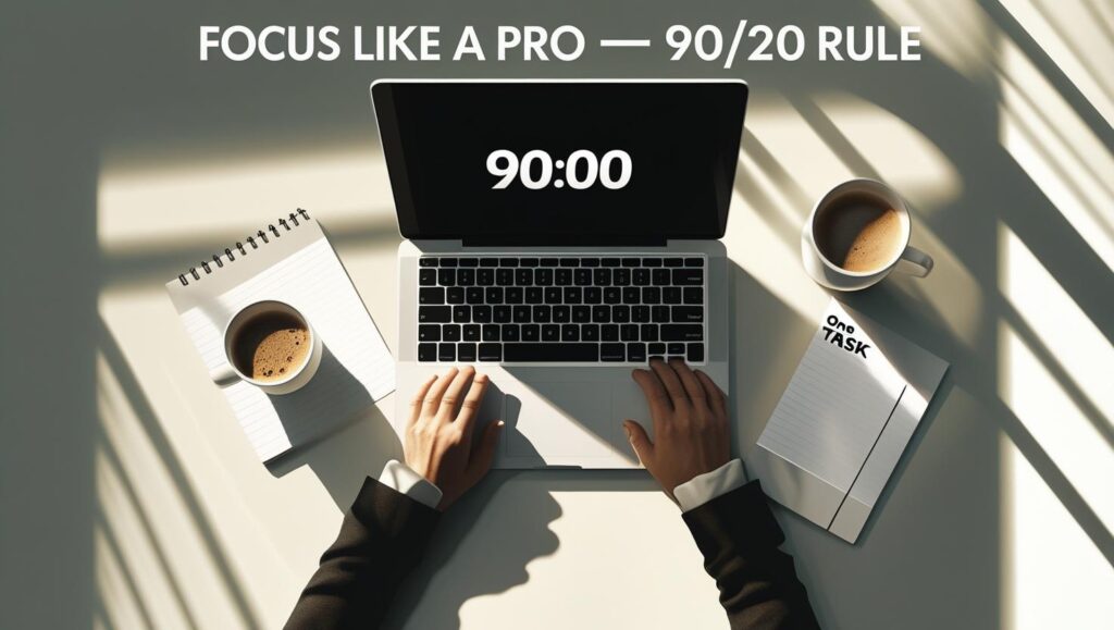 Minimalist desk with timer and notepad illustrating the 90 20 rule for deep work