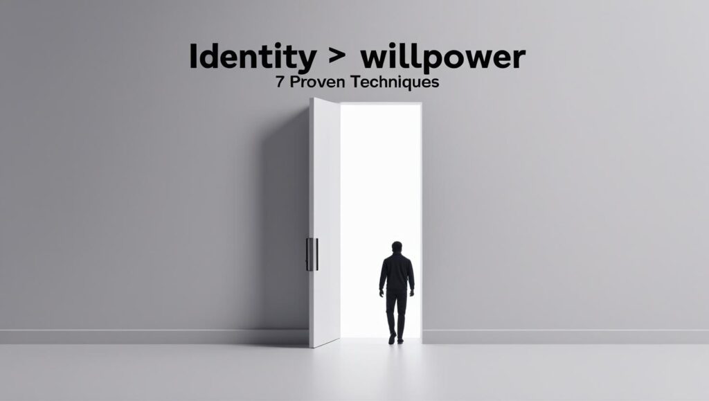 Featured image for identity based motivation techniques showing a person stepping into a bright doorway with the headline Identity > Willpower