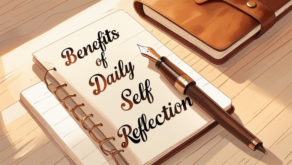 Notebook and pen with overlay text 'Benefits of Daily Self Reflection' on cozy desk setup