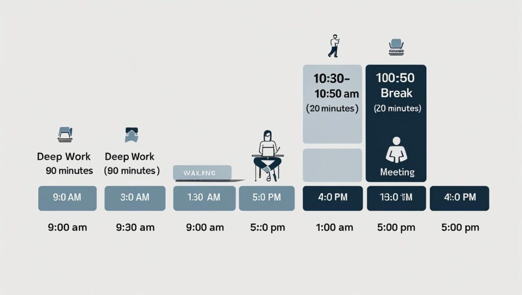 Sample daily schedule showing the 90 20 rule for deep work blocks.