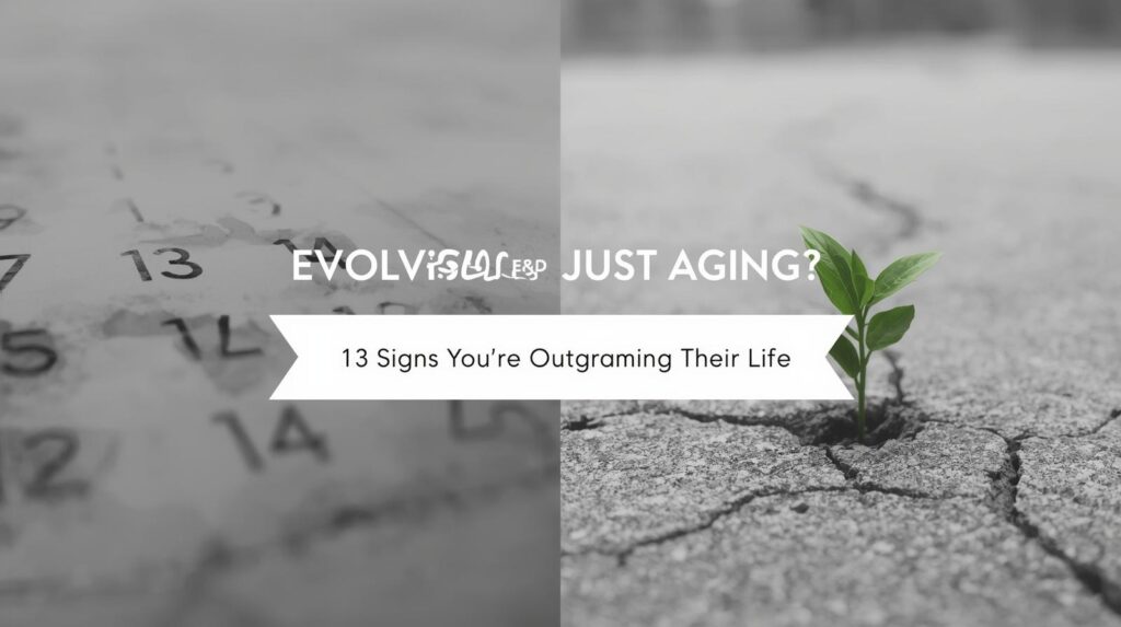 Split image of a dull calendar and a bright new plant with the text ‘Evolving or Just Aging? 13 Signs You’re Outgrowing Your Life’.